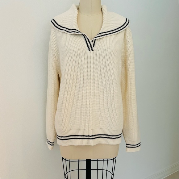 Doen Voyage Sweater NWT Cream Sailor Collar Cotton Wool Blend L - Picture 2 of 10